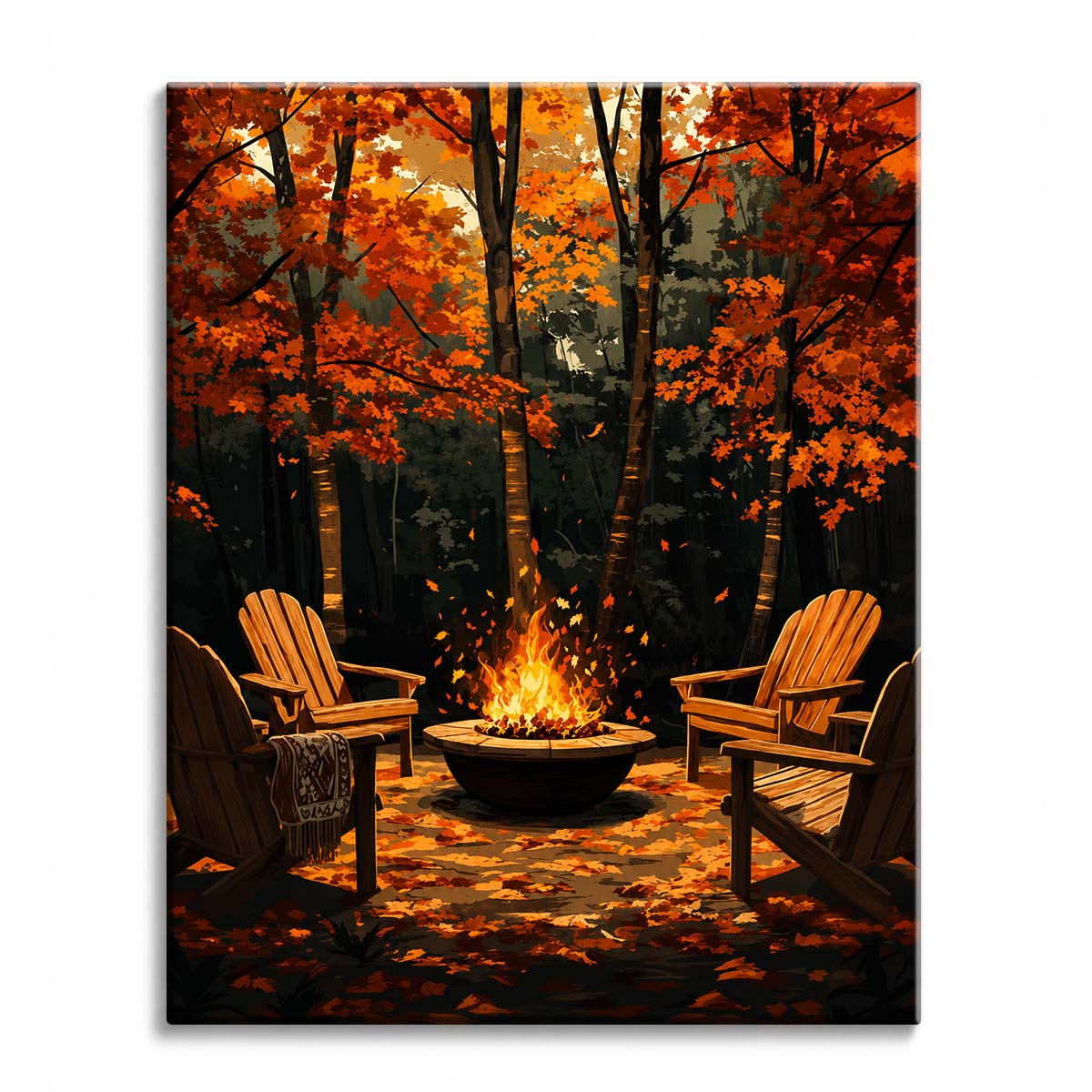 An autumn paint by numbers design of two wooden chairs around a burning fire pit in a forest of orange and red maple leaves.