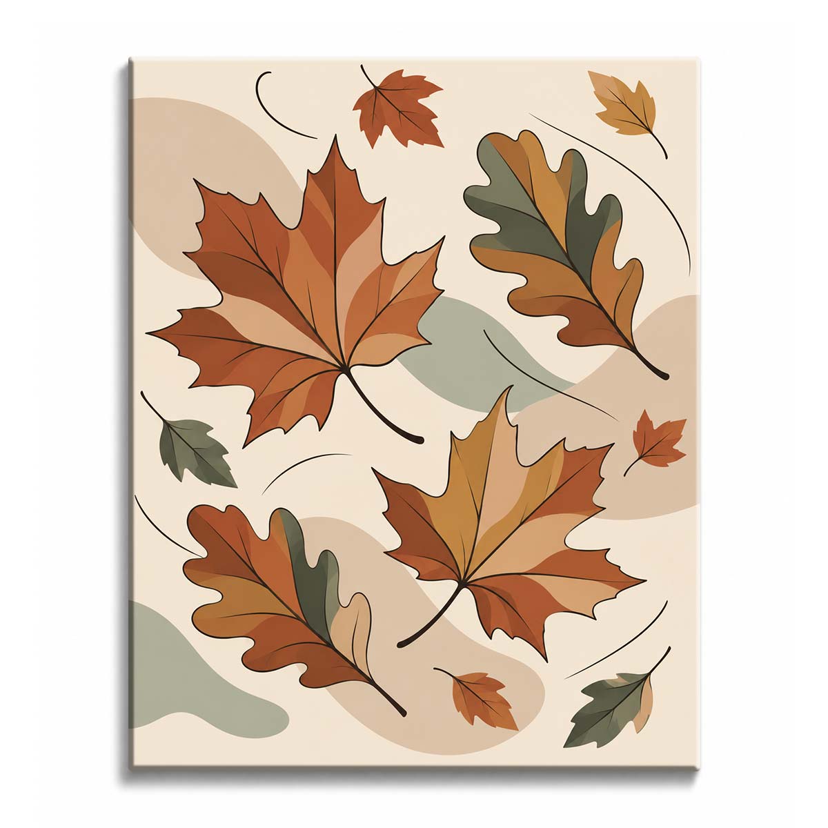 Large maple and oak leaves in rust, ochre and sage drift across soft curved shapes, an autumn leaves paint by numbers design with thin wind lines.