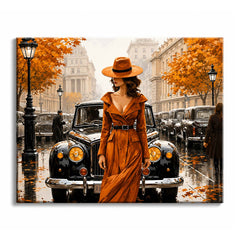 On a rain-slick London street, a woman in a burnt-orange coat and wide-brim hat stands among black taxis and glowing fall trees.