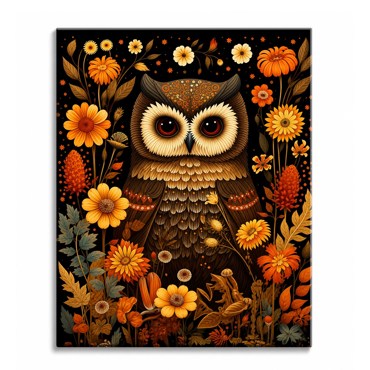 A paint by numbers canvas of an ornate brown and gold owl surrounded by marigolds and sunflowers in symmetrical folk-art style on a black background.