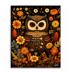 A paint by numbers canvas of an ornate brown and gold owl surrounded by marigolds and sunflowers in symmetrical folk-art style on a black background.