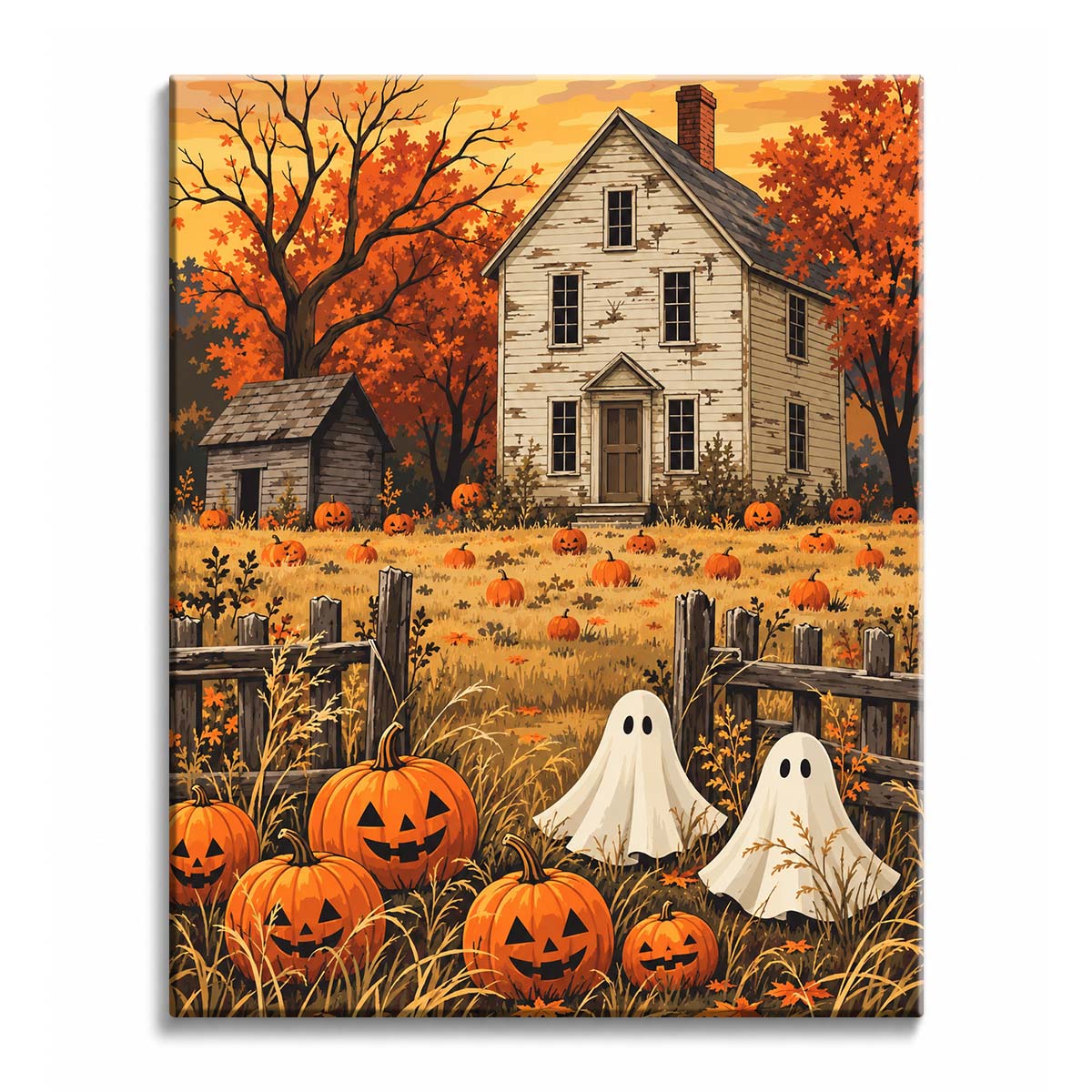 In a pumpkin field before an old white farmhouse, two ghosts stand by a weathered fence among autumn trees, in a Halloween paint by numbers design.