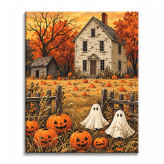 In a pumpkin field before an old white farmhouse, two ghosts stand by a weathered fence among autumn trees, in a Halloween paint by numbers design.