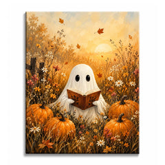 A ghost reading a book among pumpkins and wildflowers at sunset, in a paint by numbers design.