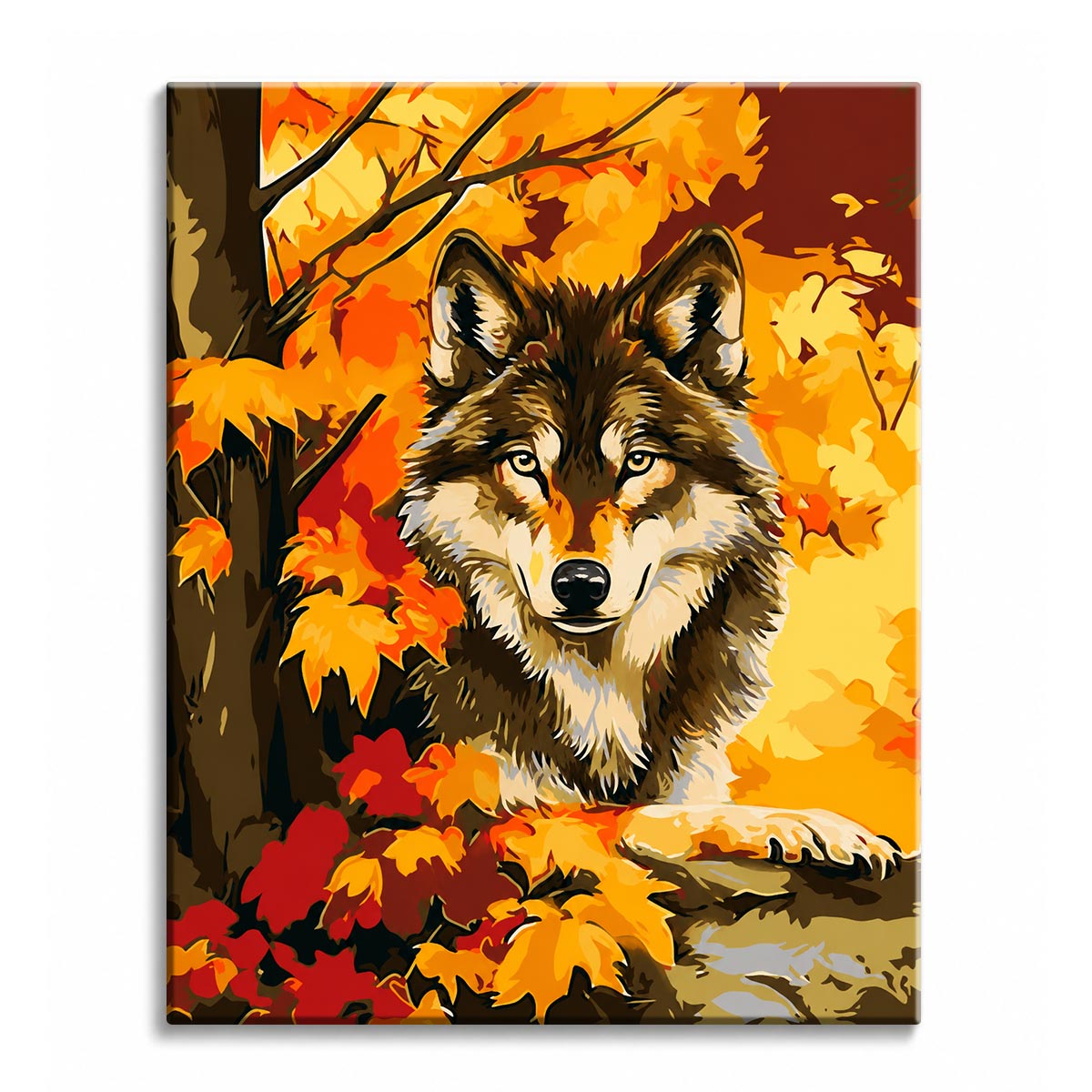 A wolf resting among gold and red autumn maple leaves at the foot of a tree, shown as a paint by numbers canvas.