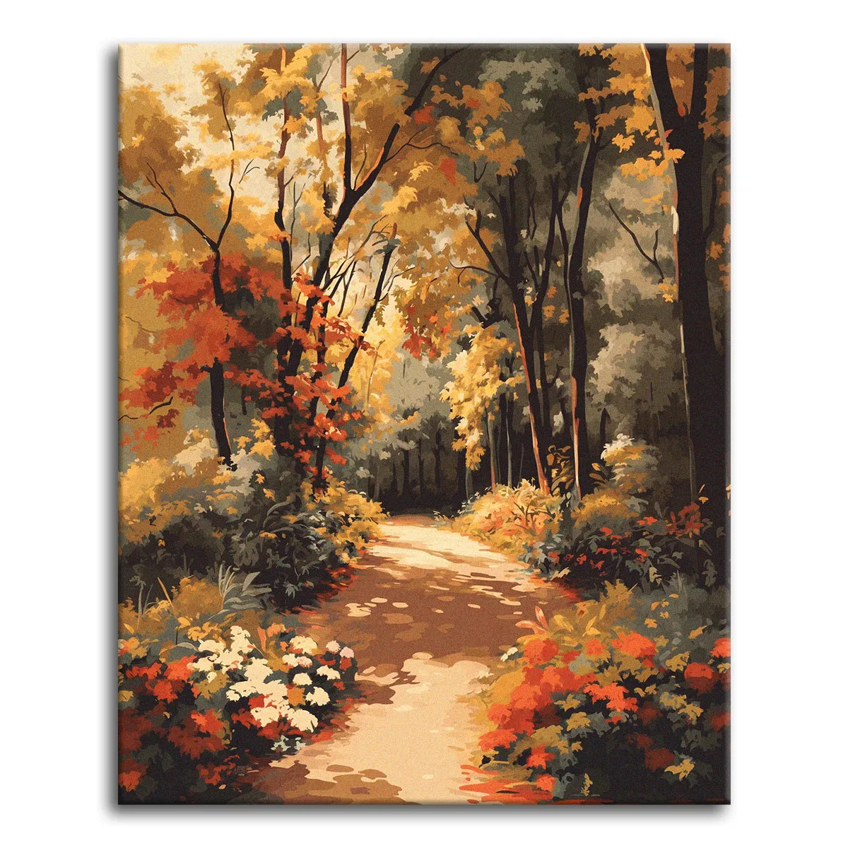 A warm vintage paint by numbers landscape of a sandy path curving into an autumn forest, with tall trees in fiery orange and gold, dappled light on the trail, and flowering shrubs along both sides.