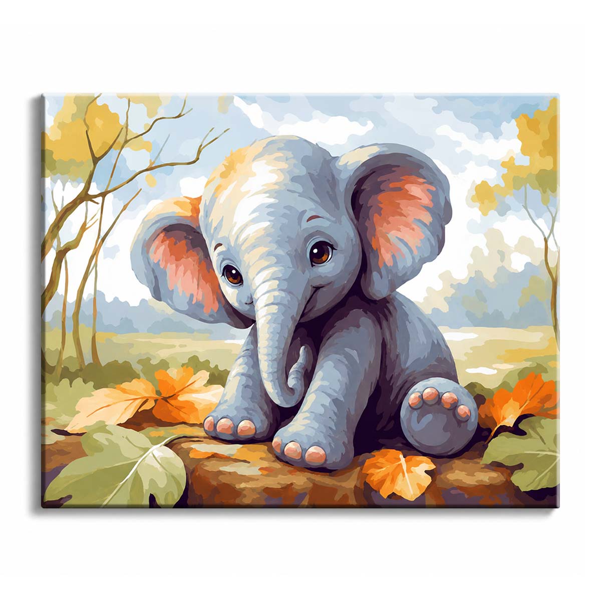 A baby elephant sits among orange autumn leaves in a soft meadow, painted in gentle grays and cream, in a paint by numbers design.