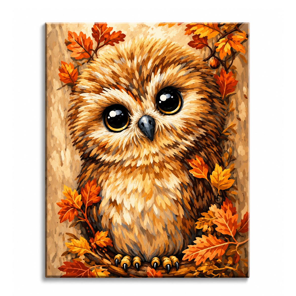 A paint by numbers canvas of a wide-eyed baby owl with fluffy golden-brown feathers nestled among orange autumn leaves.