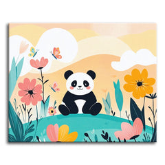 A cute cartoon panda sitting on a green hill among colorful flowers and butterflies under a pastel sky, shown as a paint by numbers canvas.