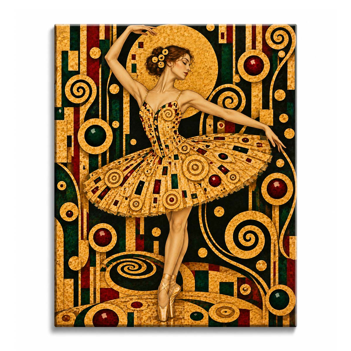 On pointe before a gilded halo, a ballerina in a gold mosaic tutu dances through Klimt-style ornament, in a paint by numbers design.