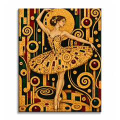 On pointe before a gilded halo, a ballerina in a gold mosaic tutu dances through Klimt-style ornament, in a paint by numbers design.