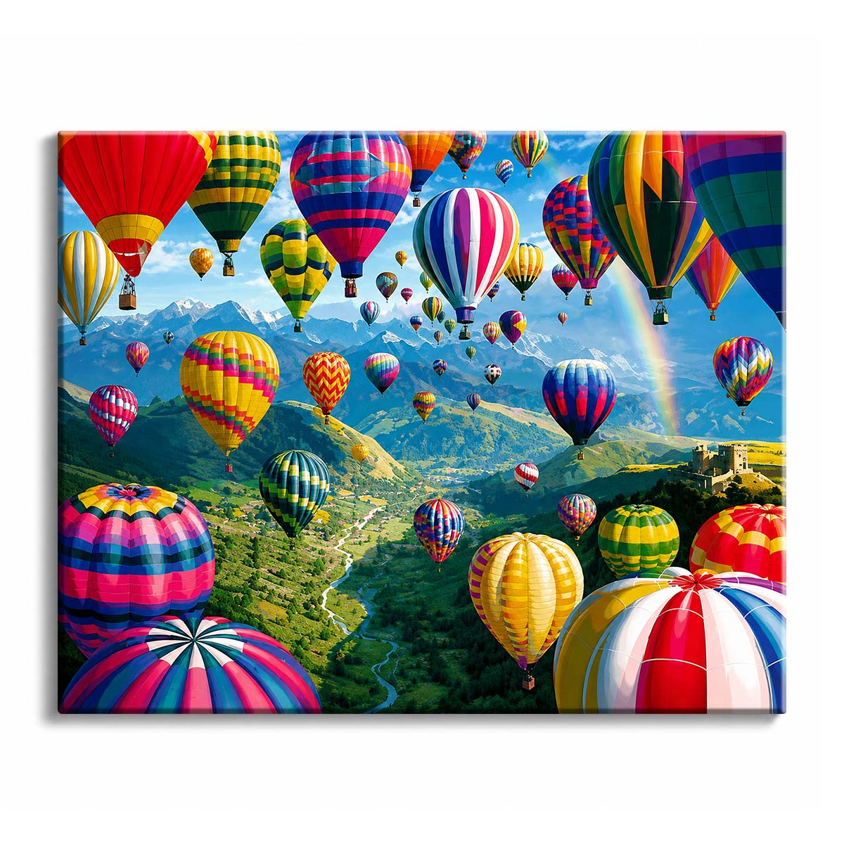 Dozens of striped and checkered hot air balloons crowd the sky above a green valley, a winding river and a hilltop castle, with a rainbow at the right.