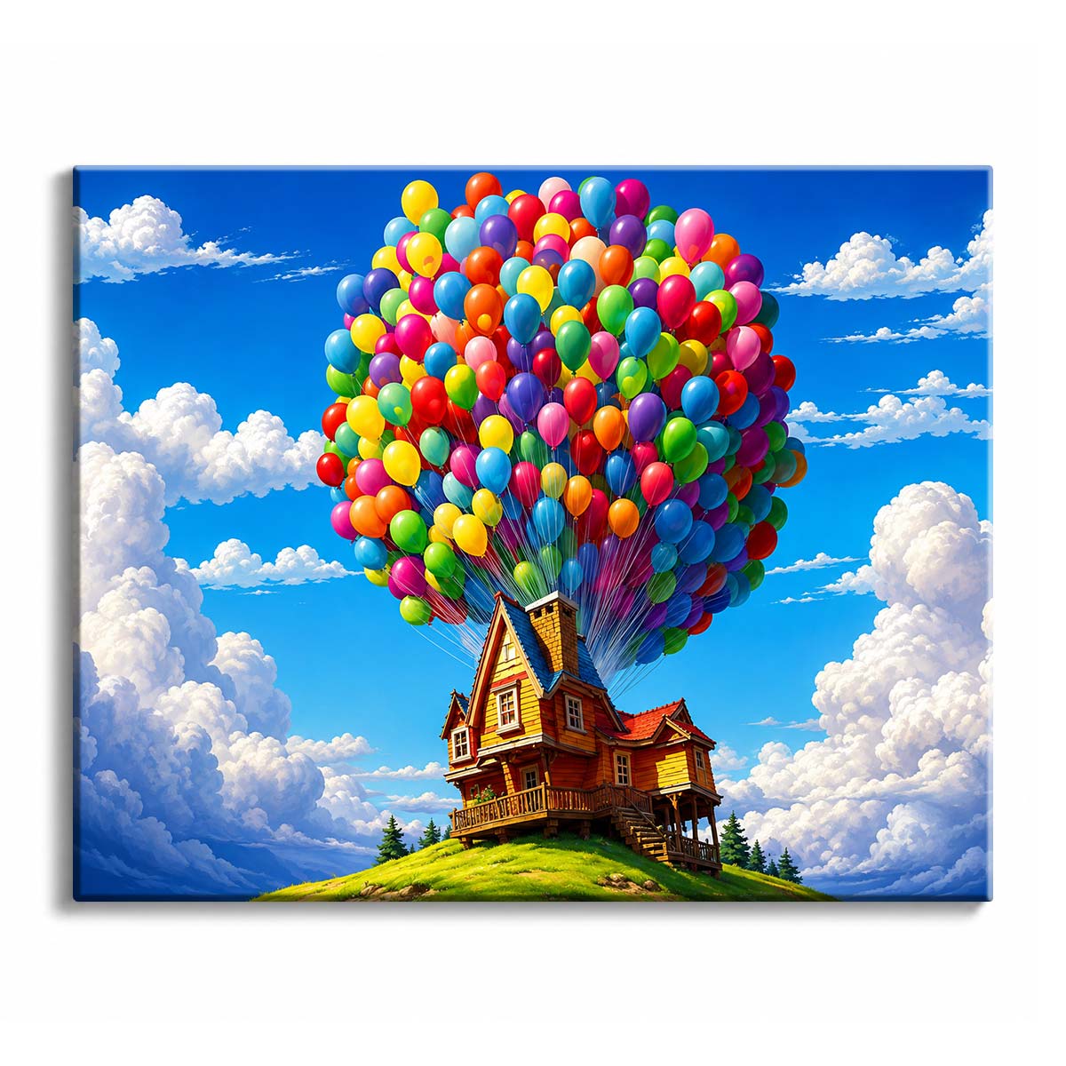 A colorful paint by numbers design of hundreds of balloons lifting a small wooden house from a green hill into a blue cloudy sky.