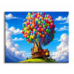 A colorful paint by numbers design of hundreds of balloons lifting a small wooden house from a green hill into a blue cloudy sky.