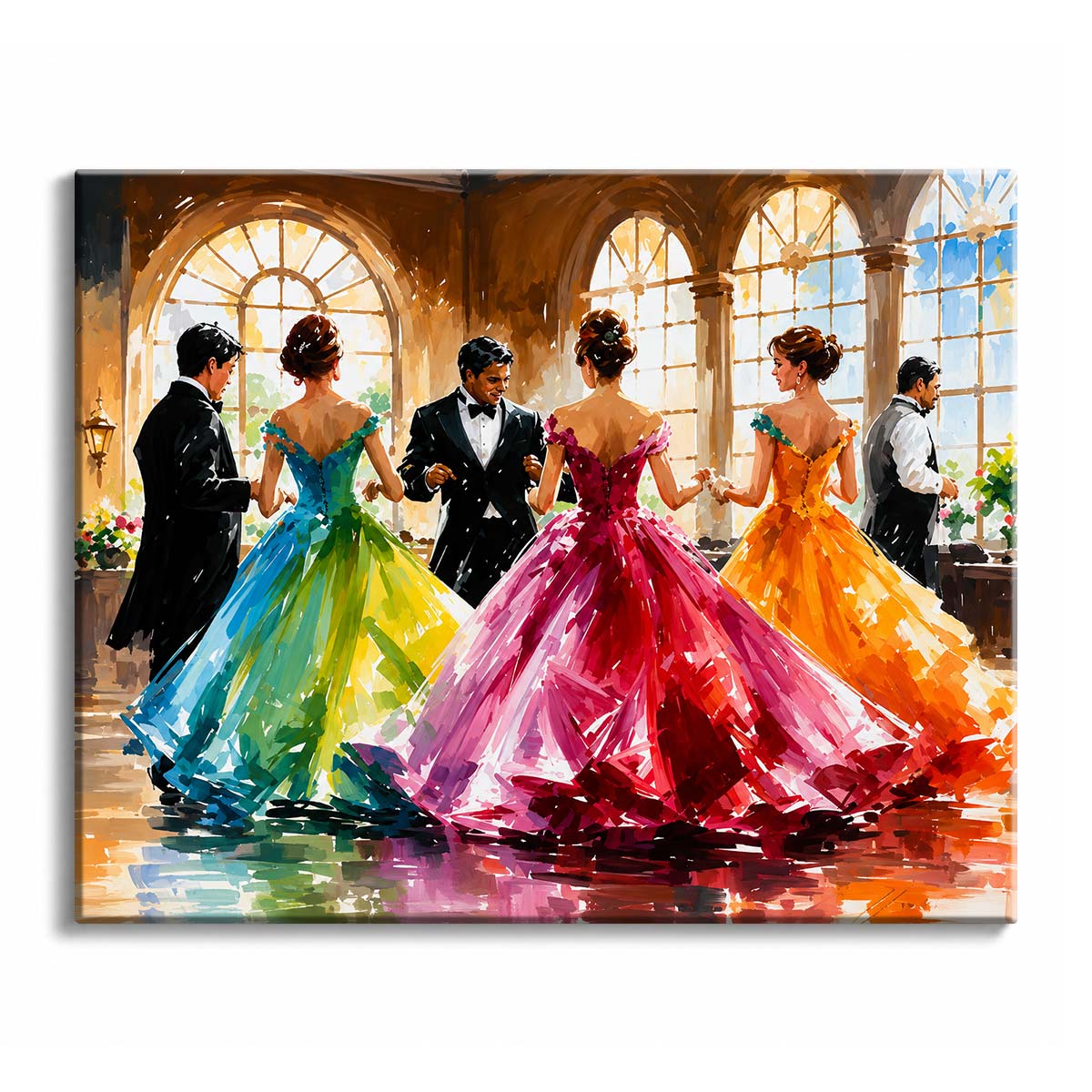 Three women in blue, pink and orange ball gowns dance with partners in black tie beneath tall arched windows, their skirts reflected in the floor.