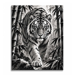Walking out of a misty bamboo grove, a tiger reaches a front paw toward the viewer with its gaze fixed ahead, in a black and white paint by numbers design.