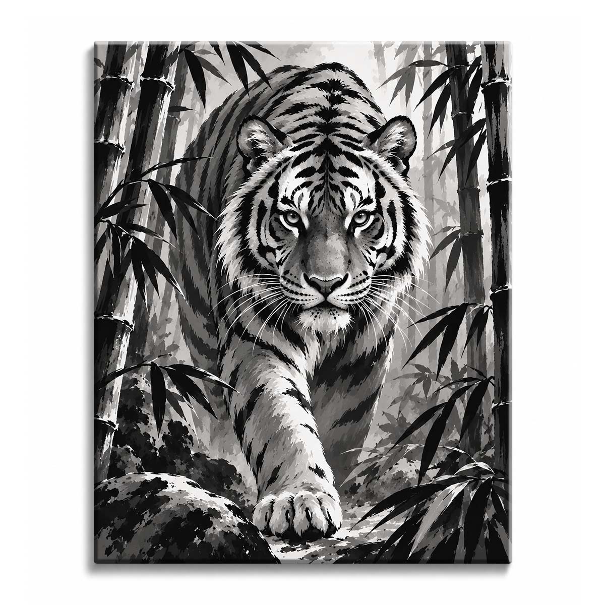 Walking out of a misty bamboo grove, a tiger reaches a front paw toward the viewer with its gaze fixed ahead, in a black and white paint by numbers design.