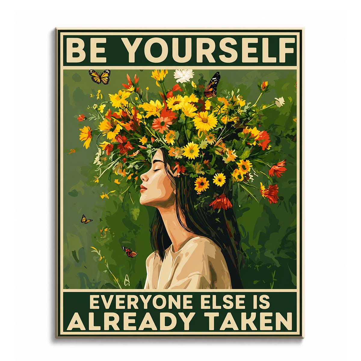 A woman in profile with wildflowers growing from her hair and butterflies around her, under a quote in vintage poster lettering, shown as a paint by numbers canvas.