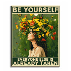 A woman in profile with wildflowers growing from her hair and butterflies around her, under a quote in vintage poster lettering, shown as a paint by numbers canvas.
