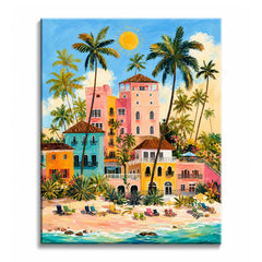A beach resort paint by numbers design showing pastel villas and tall palms above a sandy beach lined with loungers.