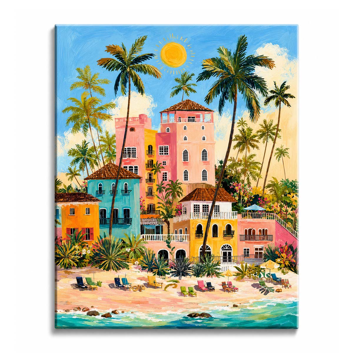 A beach resort paint by numbers design showing pastel villas and tall palms above a sandy beach lined with loungers.