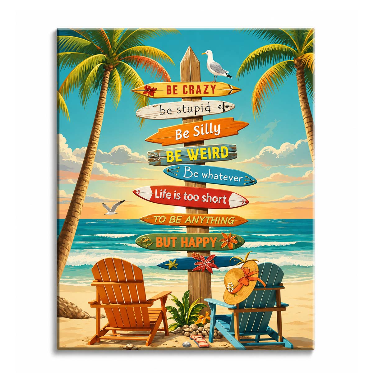 Eight painted surfboard signs on a post between two palms, with deck chairs on the sand and a turquoise sea behind, in a paint by numbers design.