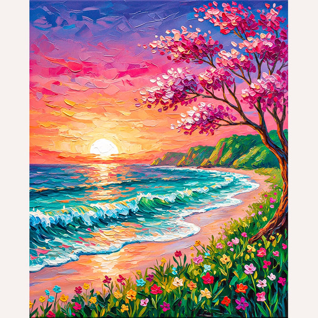 Sunset Beach with Blossoms Paint by Numbers Kit