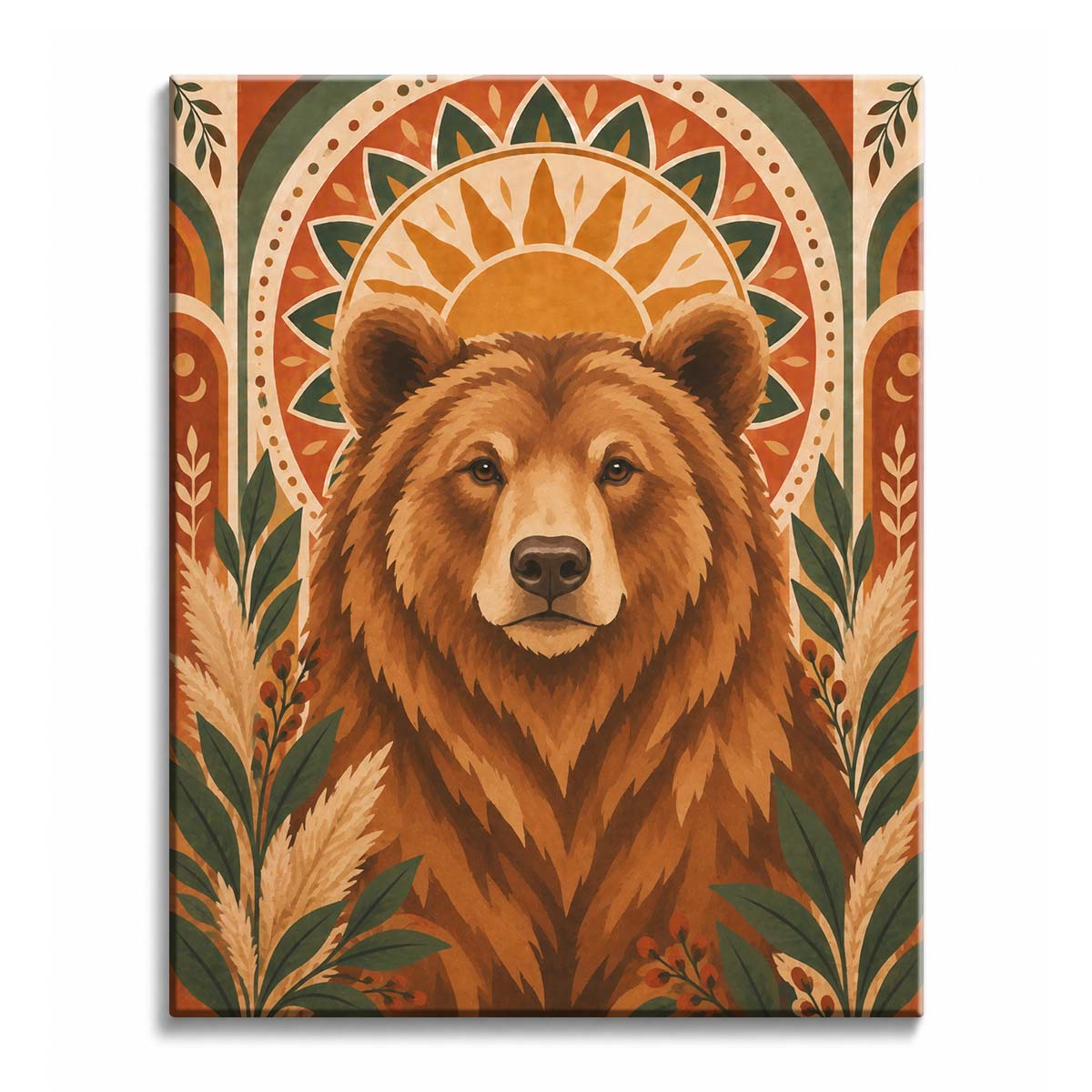 A brown bear faces forward with rounded ears and a cream muzzle, backed by a golden sunburst, terracotta arches, and green leaves in a bear paint by numbers design with decorative folk patterns.
