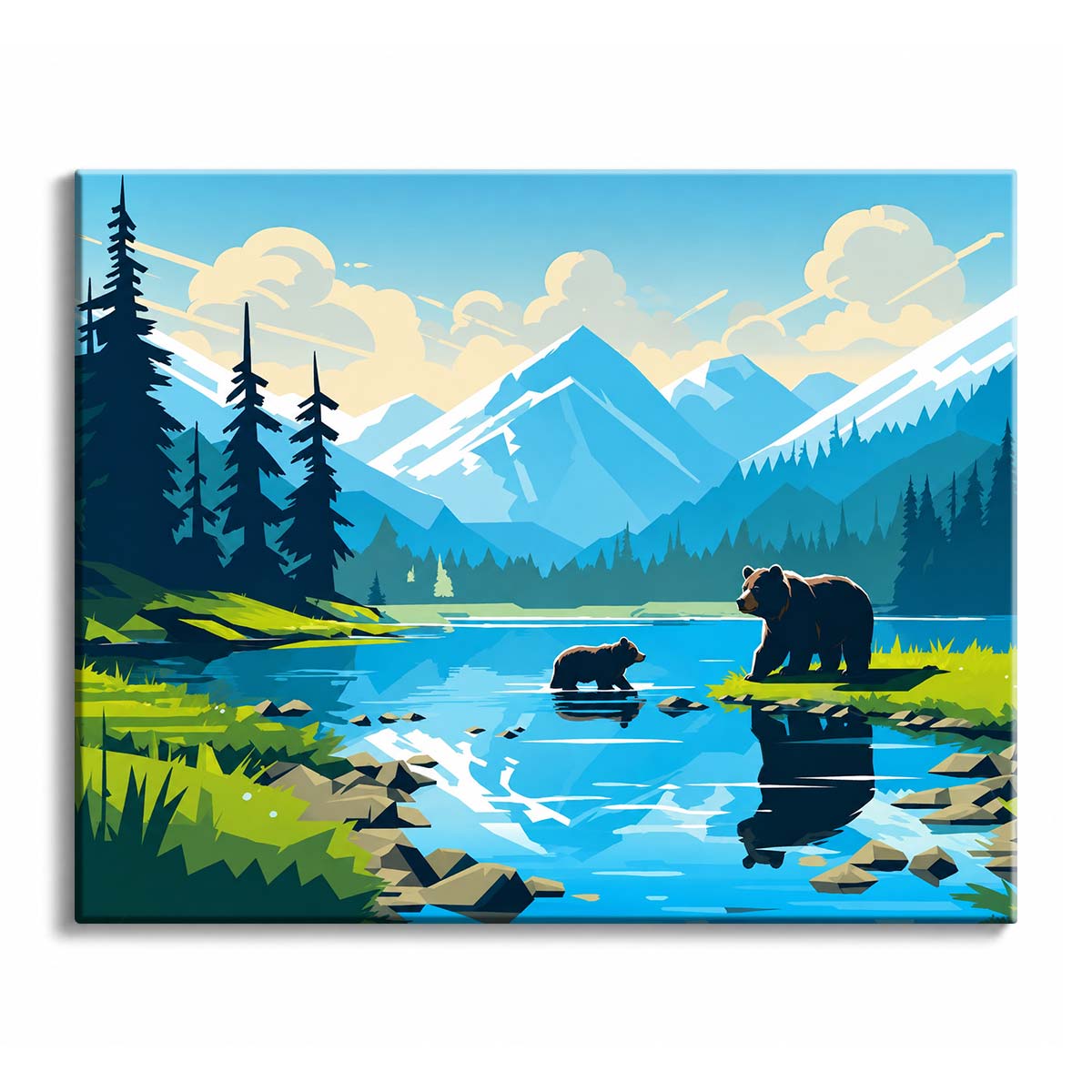At a mountain lake, an adult bear and cub stand beside bright water beneath layered blue peaks in a graphic paint by numbers design.