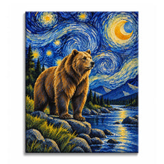 A brown bear stands beside a reflective river and dark pines in a Van Gogh style bear paint by numbers design beneath a crescent moon and the distant mountains.
