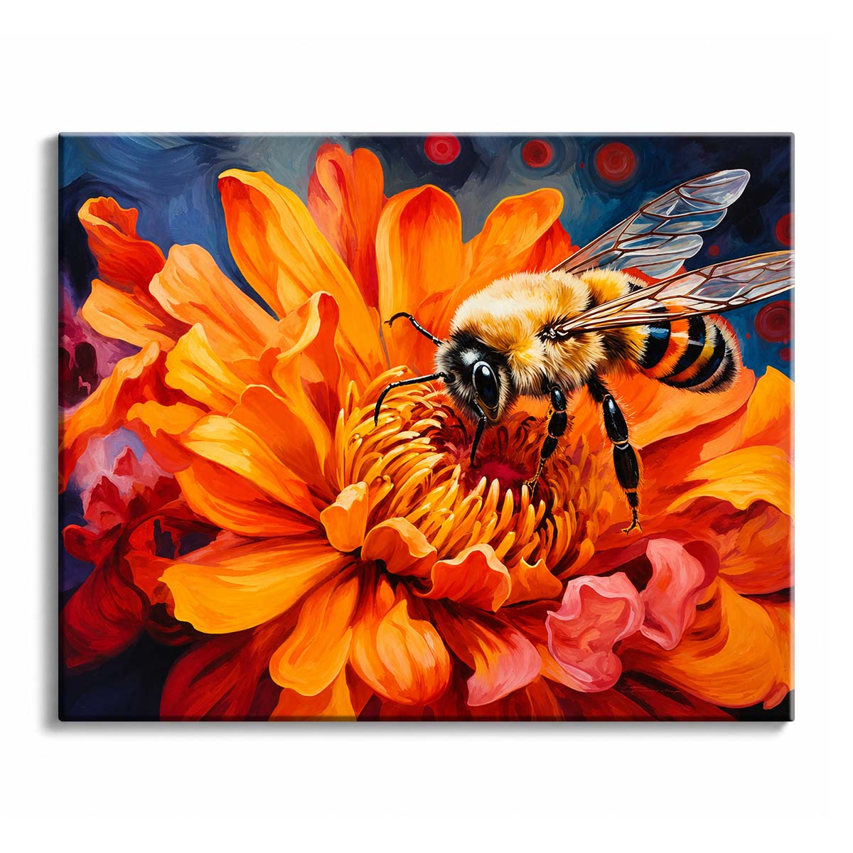 A bee paint by numbers design showing the insect resting on a wide orange bloom, its transparent wings raised against a deep blue background.