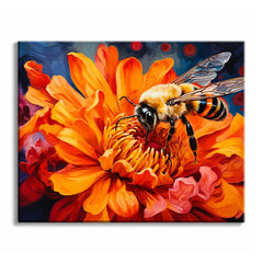 A bee paint by numbers design showing the insect resting on a wide orange bloom, its transparent wings raised against a deep blue background.