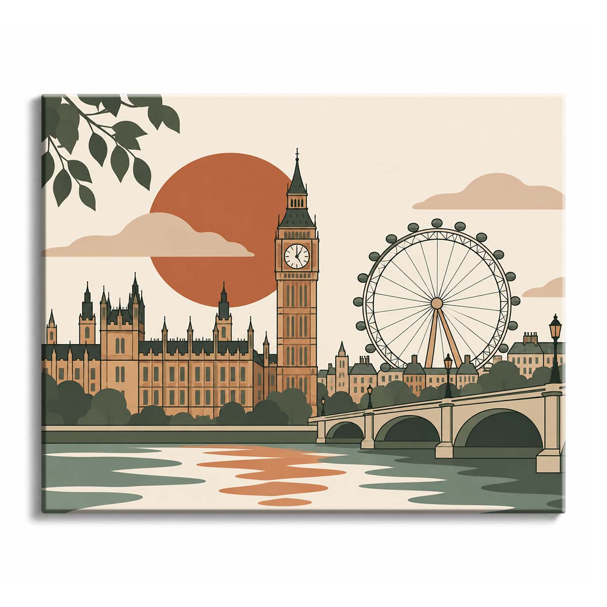 Beside the Thames, a London paint by numbers design shows Big Ben, a riverside wheel, bridge arches, and a rust sun above flat water.