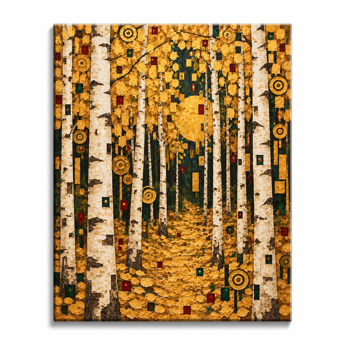 A birch forest paint by numbers design showing white trunks among golden autumn leaves and Klimt-style mosaic squares.
