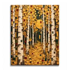 A birch forest paint by numbers design showing white trunks among golden autumn leaves and Klimt-style mosaic squares.