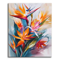 Vivid orange and blue bird-of-paradise flowers rising from deep teal leaves against a soft pale background, shown as a paint by numbers canvas.