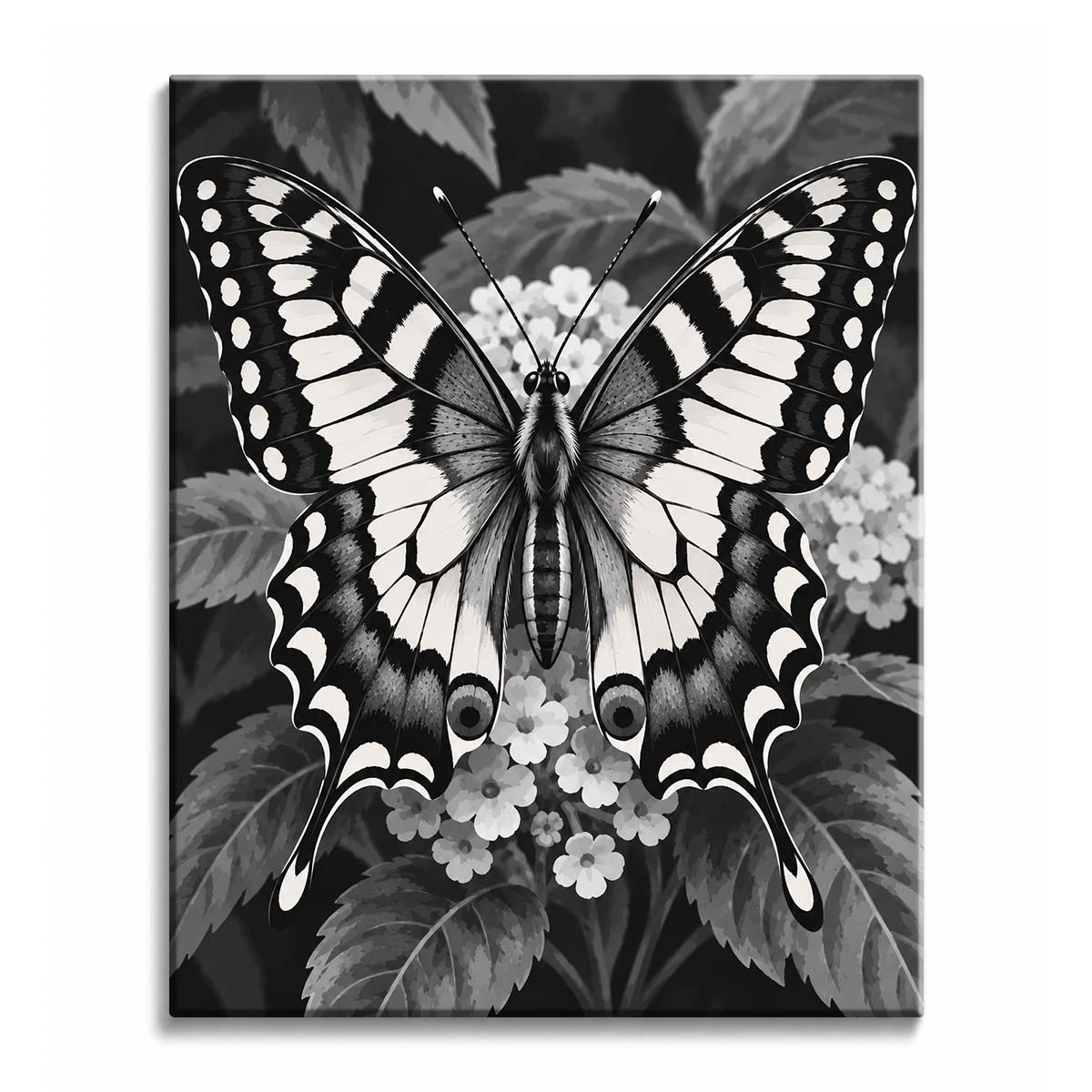 Wings spread wide, a swallowtail butterfly rests on a cluster of small flowers among serrated leaves, in a black and white paint by numbers design.