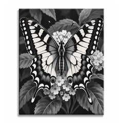 Wings spread wide, a swallowtail butterfly rests on a cluster of small flowers among serrated leaves, in a black and white paint by numbers design.