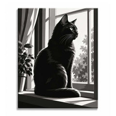 A black and white paint by numbers design showing a black cat on a sunlit windowsill watching the garden.