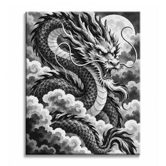 A black and white dragon paint by numbers design showing a scaled Eastern dragon with long whiskers coiling through swirling clouds in front of a full moon.