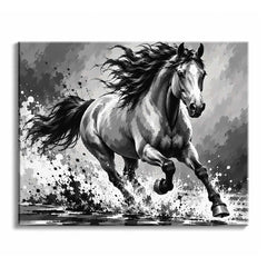 Water sprays from the hooves of a galloping horse, its mane and tail breaking into black splatter, in a black and white horse paint by numbers design drawn with loose, ink-like strokes.