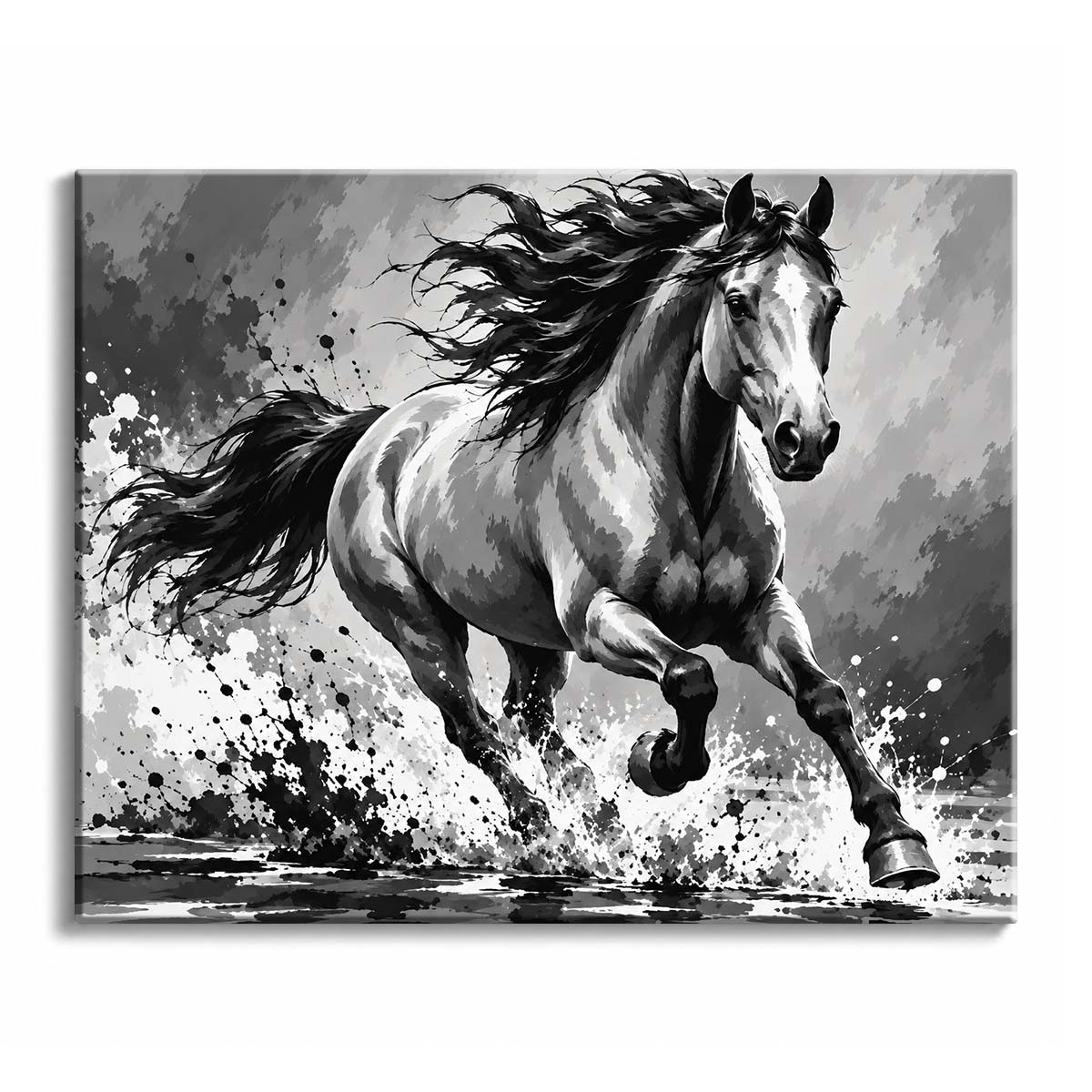 Water sprays from the hooves of a galloping horse, its mane and tail breaking into black splatter, in a black and white horse paint by numbers design drawn with loose, ink-like strokes.