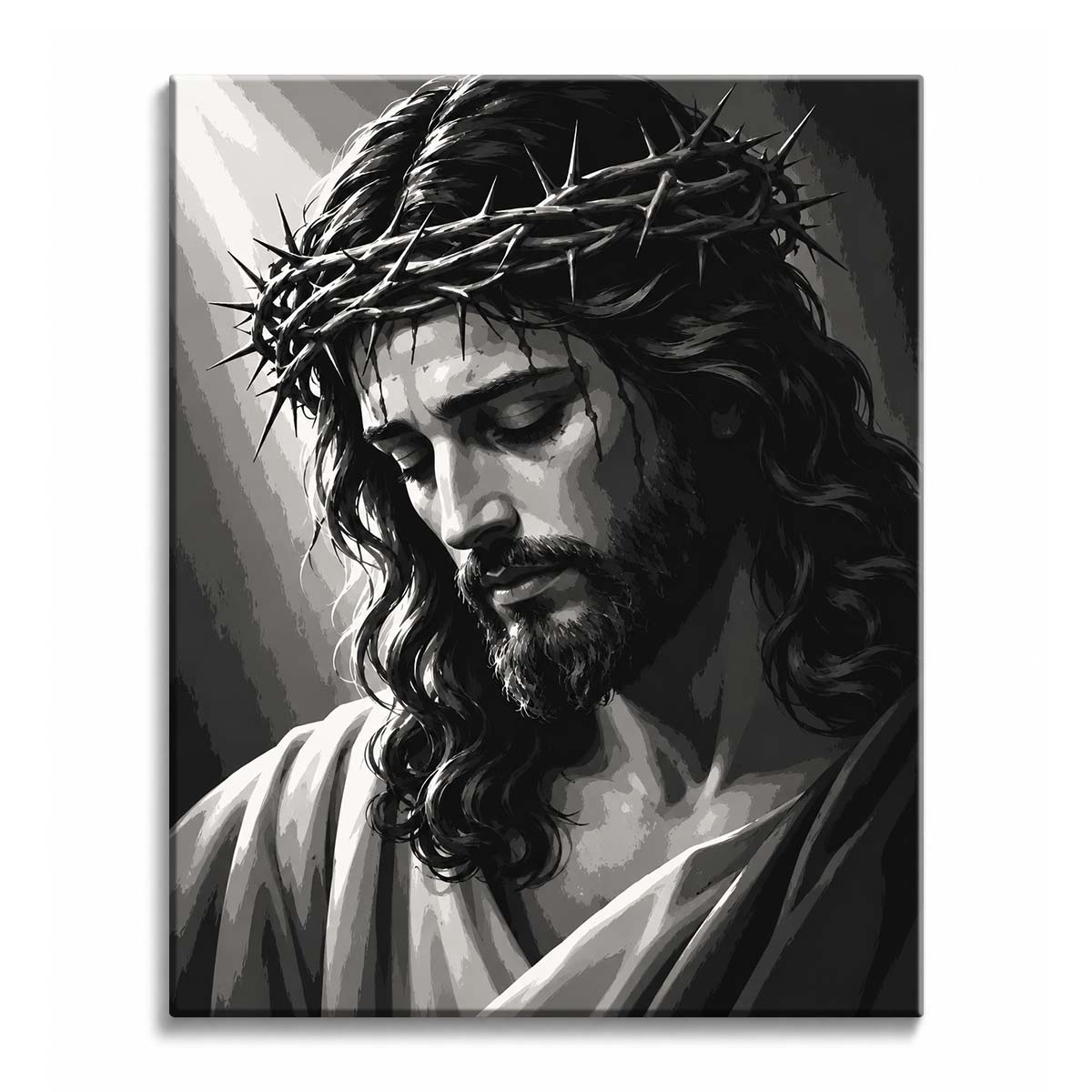 A black and white Jesus paint by numbers design showing rays of light from the upper left falling on a bowed head in a crown of thorns, with long wavy hair and a full beard.