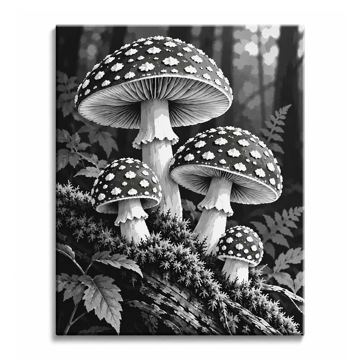 Soft forest light falls across a cluster of spotted mushrooms on a mossy log, with ferns behind, in a black and white paint by numbers design.