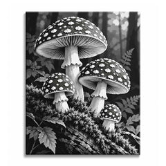 Soft forest light falls across a cluster of spotted mushrooms on a mossy log, with ferns behind, in a black and white paint by numbers design.