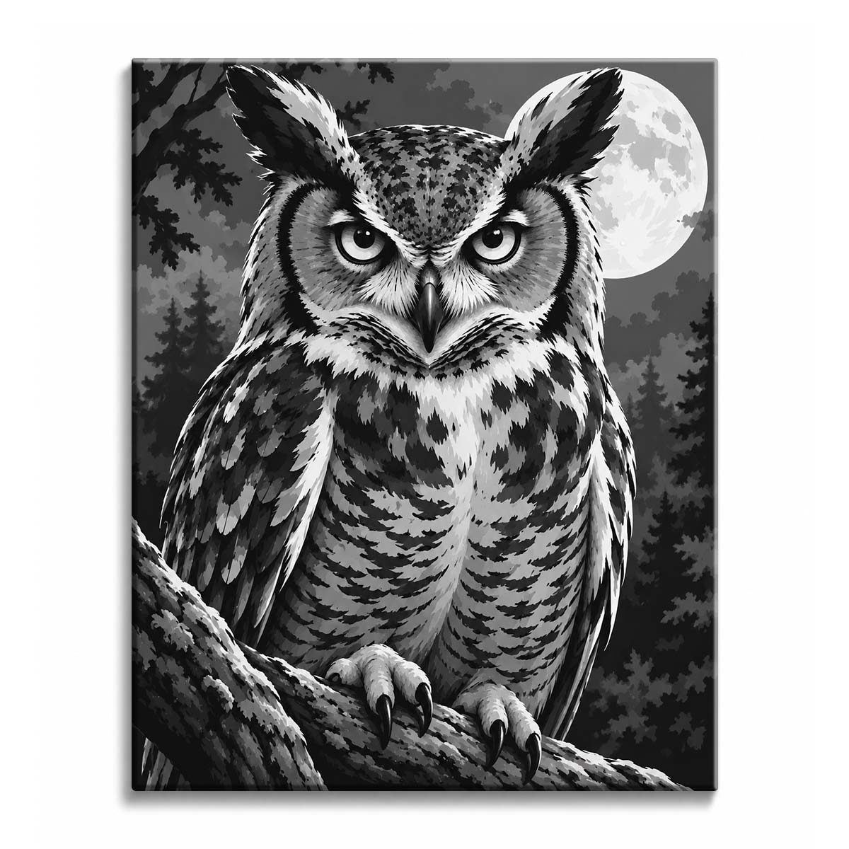 A black and white owl paint by numbers design showing a horned owl perched on a gnarled branch, with a full moon and dark pine trees behind it.