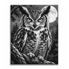 A black and white owl paint by numbers design showing a horned owl perched on a gnarled branch, with a full moon and dark pine trees behind it.