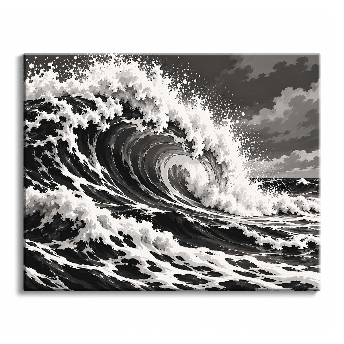 In open water under a heavy sky, a black and white ocean wave paint by numbers design shows a tall crest curling over and throwing spray.