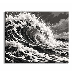 In open water under a heavy sky, a black and white ocean wave paint by numbers design shows a tall crest curling over and throwing spray.
