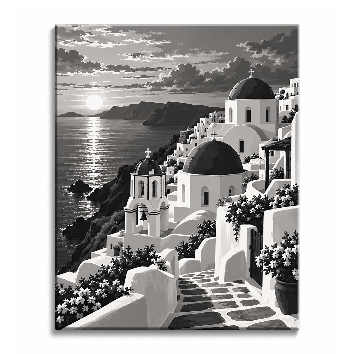 Whitewashed domes, a bell tower, and flower-draped terraces climb a Santorini cliff above a sunlit sea, shown as a black and white paint by numbers design.